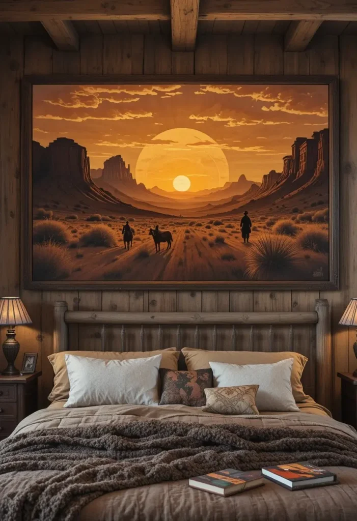 Large vintage western artwork above bed in cozy rustic room
