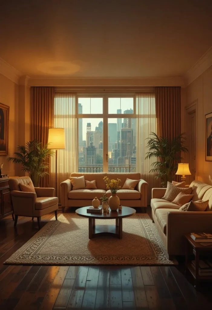 Warm ambient lighting in a cozy retro living room