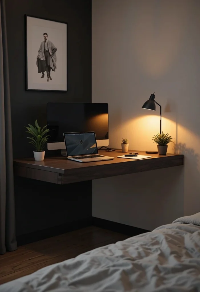 Men bedroom corner workspace with floating dark wood desk lamp and minimal setup
