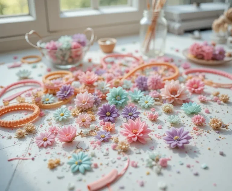 Colorful pipe cleaners in pastel shades spread on a white wooden table with small handmade pipe cleaner flowers and a mason jar in soft natural light.