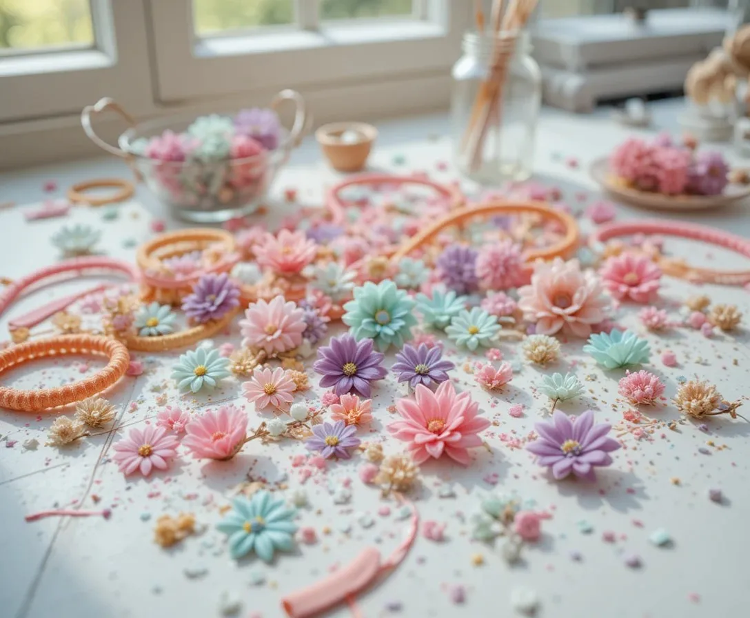 Colorful pipe cleaners in pastel shades spread on a white wooden table with small handmade pipe cleaner flowers and a mason jar in soft natural light.