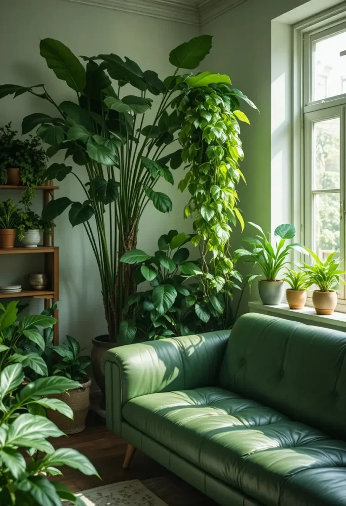 Green leather couch living room filled with indoor plants including fiddle leaf fig and pothos for a lush nature inspired look