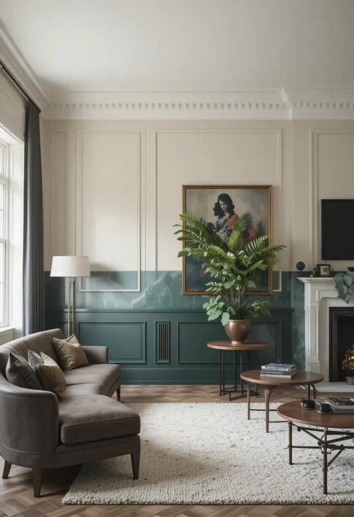 Two-tone wall paneling creating contrast and visual interest.
