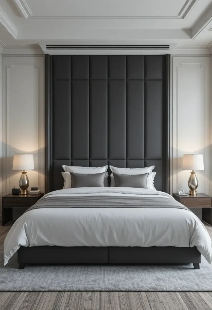 Men bedroom with tall dark grey upholstered statement headboard and white bedding
