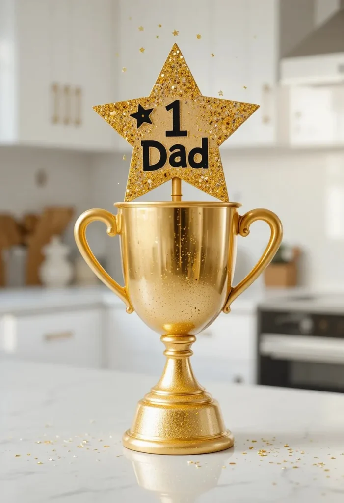 Number 1 Dad trophy fathers day craft for kids made from gold painted cup and cardboard star