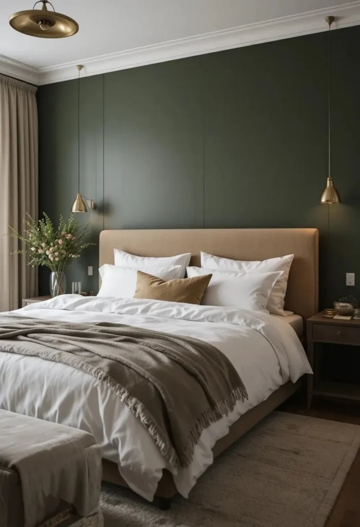 bold accent wall bedroom ideas in deep olive green behind the bed
