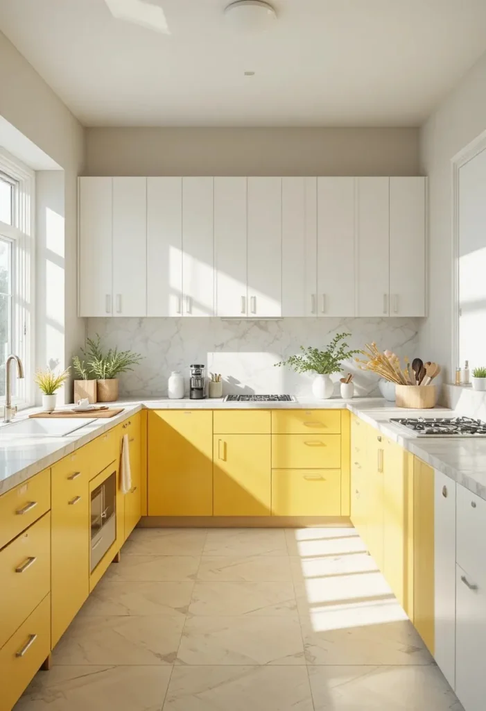  Sunny yellow kitchen cabinets with white uppers in a bright modern kitchen with natural light.