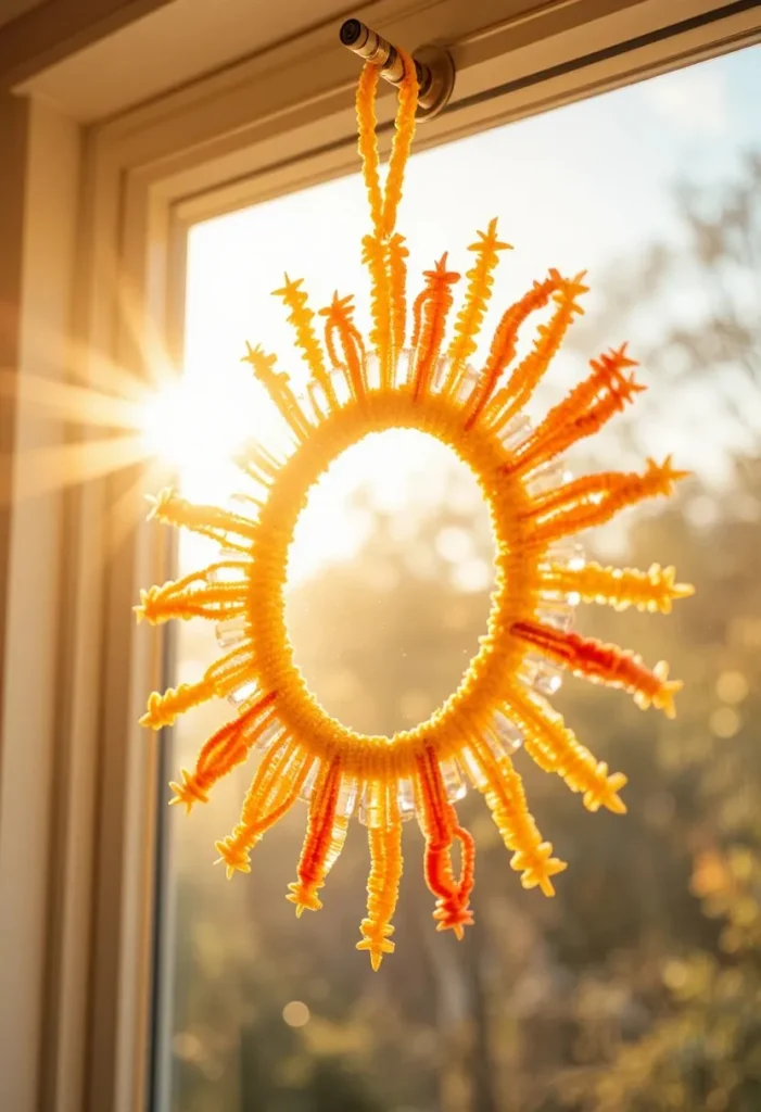 A bright window scene featuring a large handmade pipe cleaner sun shape in yellow, orange, and red hanging from a suction cup hook. Warm golden light streaming through casting a soft glow across the room. Clear crystal beads woven through the rays catching rainbow light. Cheerful and radiant mood, close up shot highlighting color and light play.