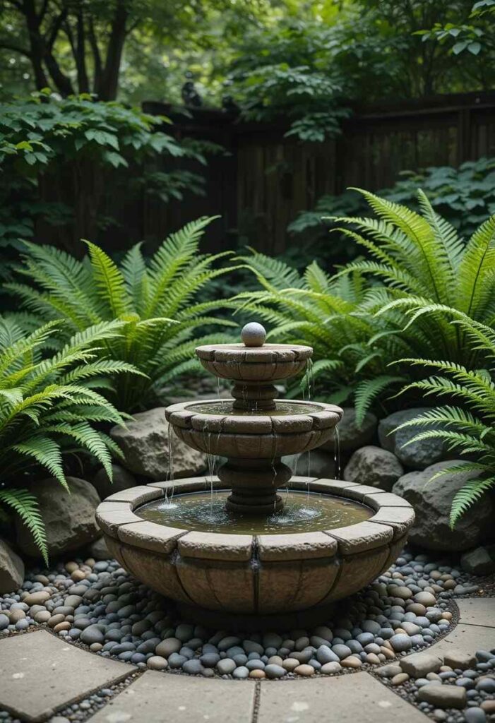  Small patio styled with a large black framed mirror on a white fence reflecting plants and string lights