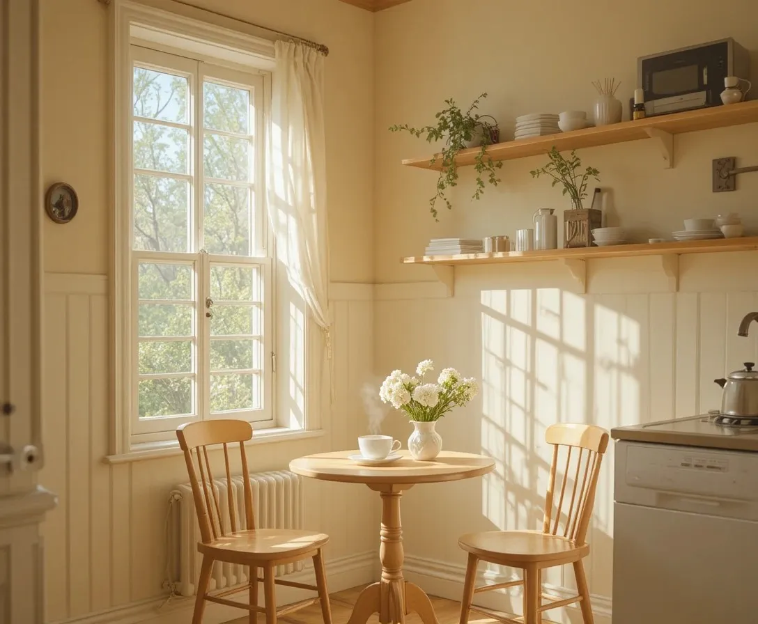 Small kitchen table ideas with a cozy wooden table beside a sunny window with coffee and fresh flowers in a cream kitchen