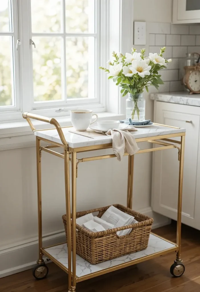 Gold bar cart with marble top used as a small kitchen table near a bright window with a simple breakfast setup
