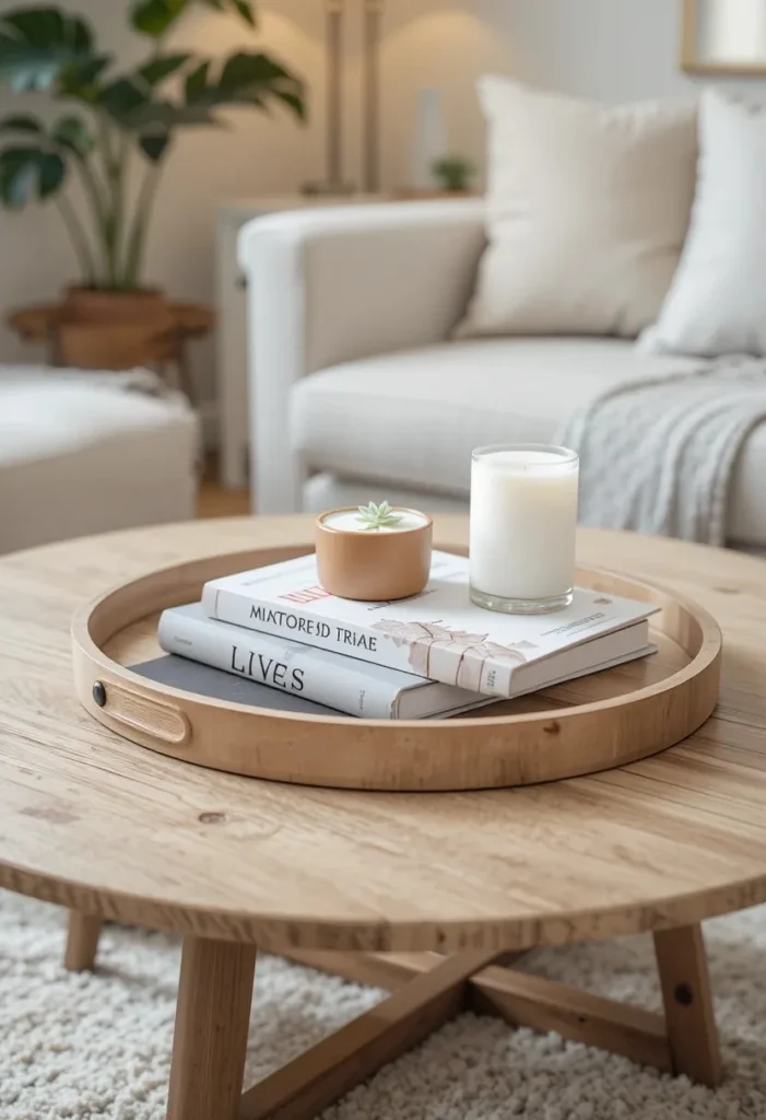 Minimally styled round coffee table with tray, stacked books, candle, and small plant in a cozy small living room setting.