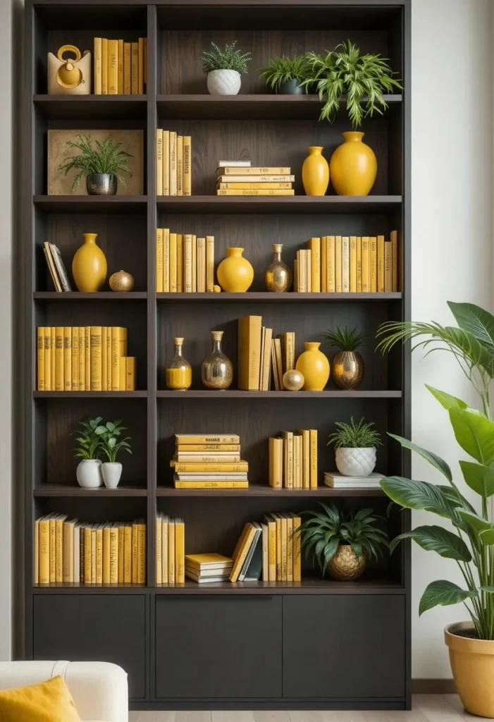 Bookshelf decorated with yellow accents, books, and decorative objects.
