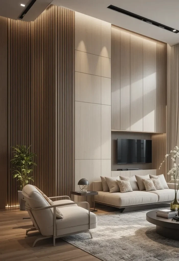 Elegant fluted wall panels adding texture and depth to a modern interior.
