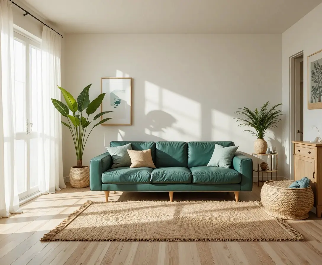 Green leather couch living room with natural light, jute rug, and indoor plants creating a warm inviting atmosphere