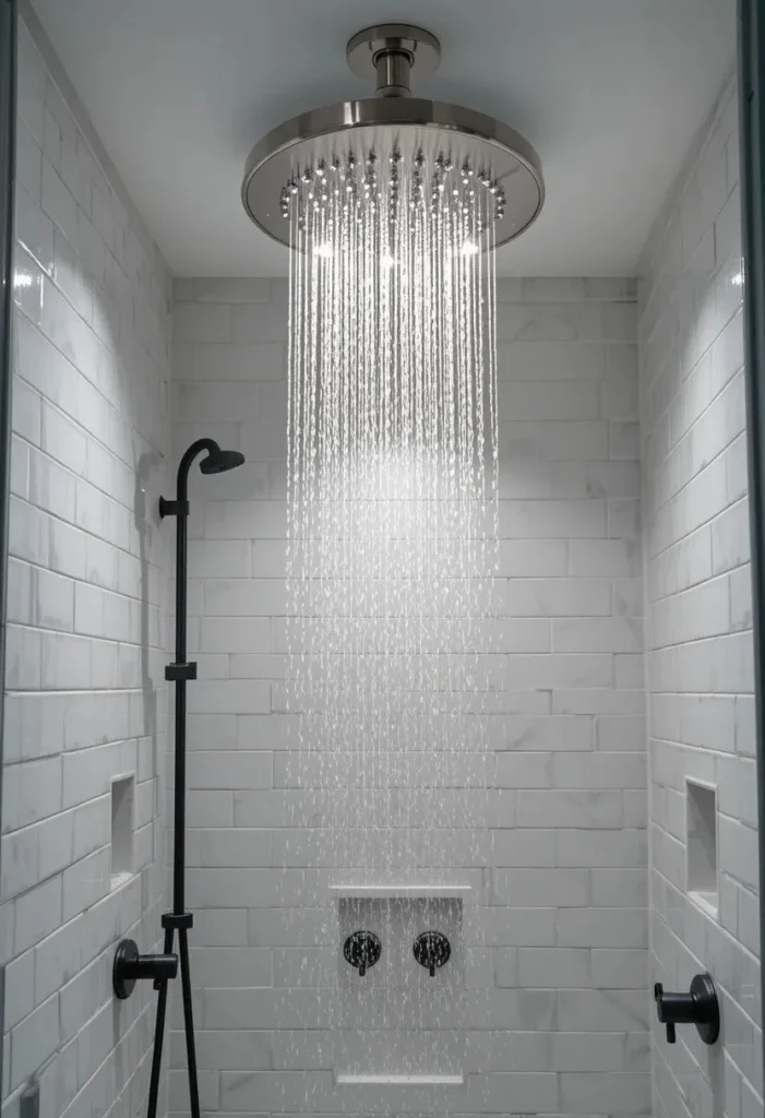 Ceiling mounted rainfall showerhead in small full bathroom shower with white tiles and brushed nickel finish