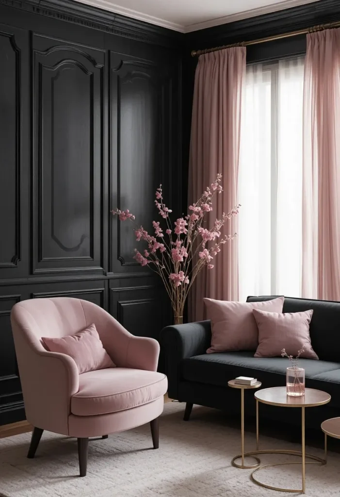 Black living room with layered warm amber floor lamp table lamps and wall sconces evening atmosphere
