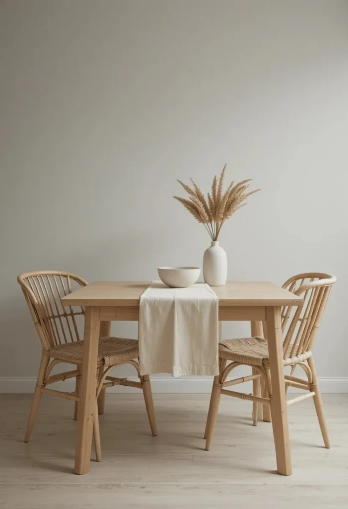 Light bamboo Japandi kitchen table with rattan chairs and linen runner in a calm minimal small kitchen with warm neutral tones
