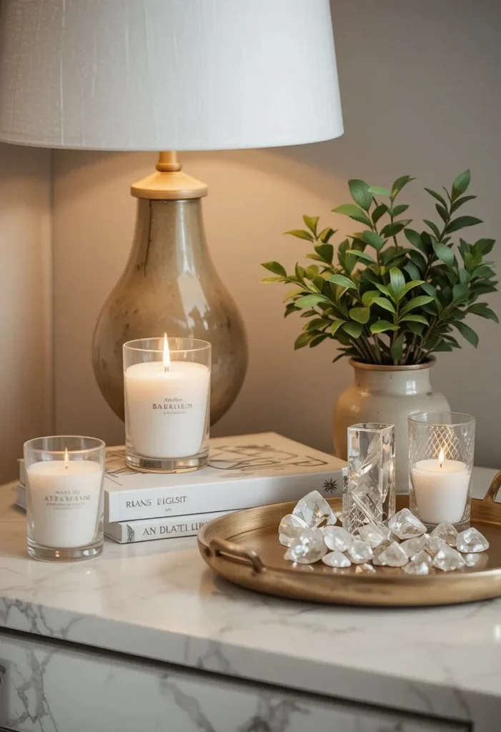 styled nightstand bedroom ideas with candle plant and decorative tray
