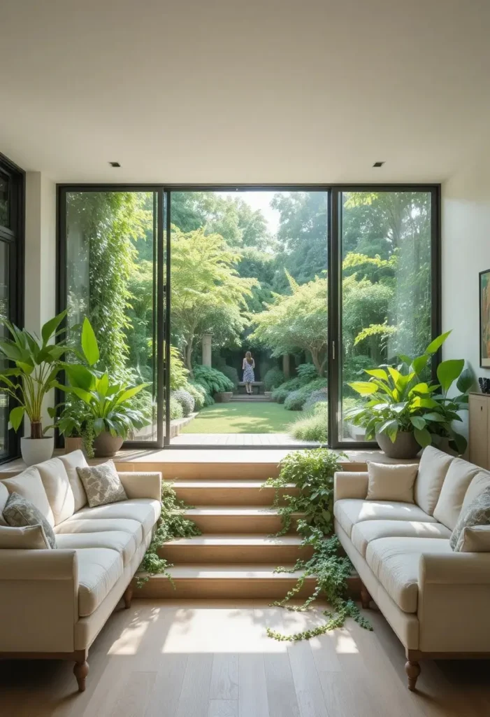 Sunken living room with full glass sliding doors opening to a green garden with trailing plants on the steps
