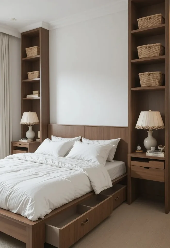 hidden storage bedroom ideas with bed frame drawers and decorative baskets
