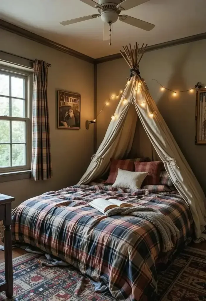 Dreamy canopy bed corner idea for a teen bedroom with fairy lights

