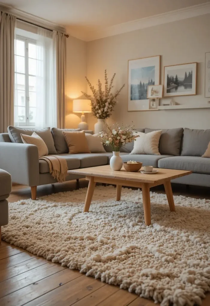 Tiny living room with a large neutral wool area rug anchoring the sofa and coffee table creating a defined cozy seating zone in a small apartment space.
