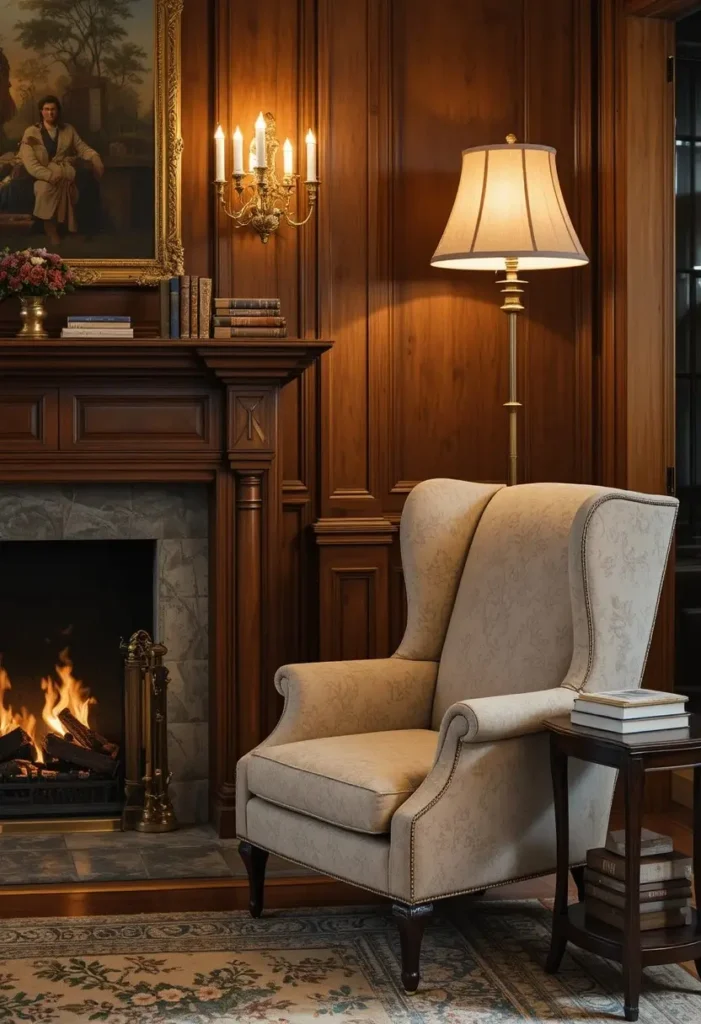 Classic linen wingback accent chair beside a fireplace in a warm and elegant living room"
