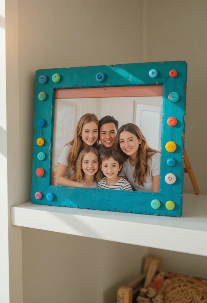 Handmade popsicle stick photo frame fathers day craft for kids with colorful button decorations