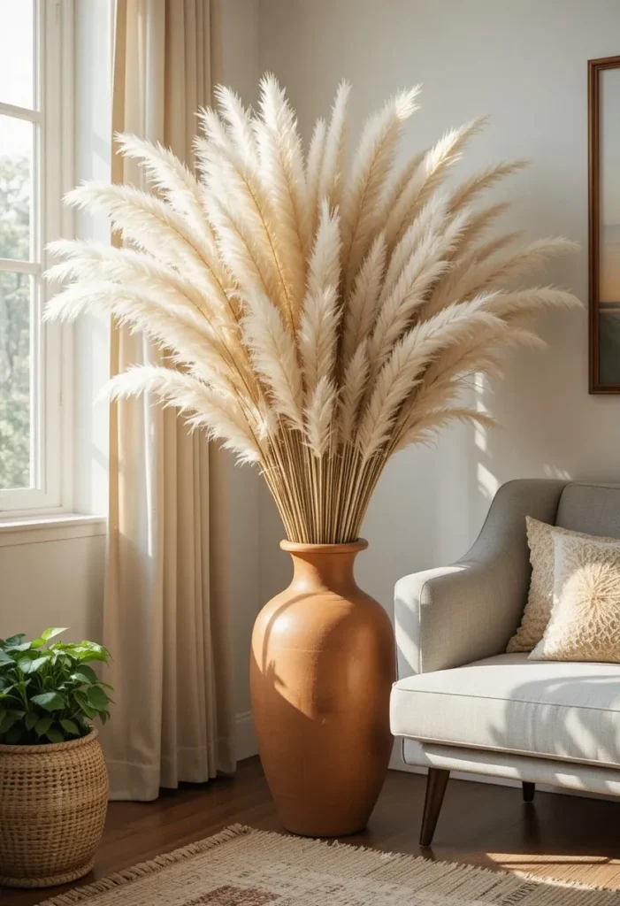 Grey couch living room corner with oversized pampas grass in terracotta vase rattan table and boho styling