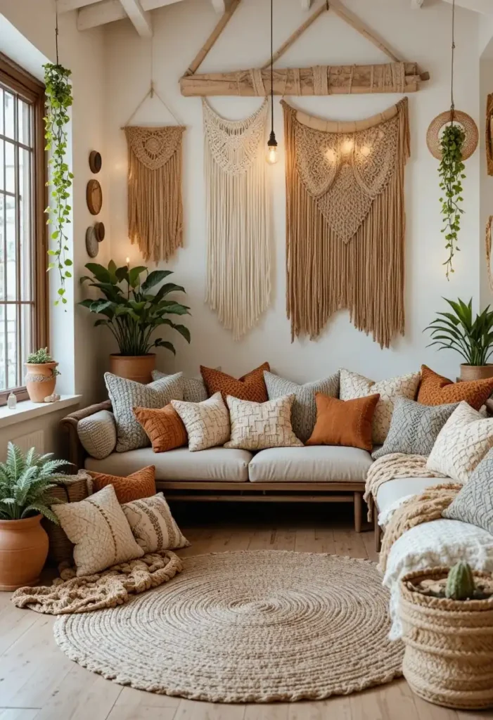 Cozy boho sunken living room with layered textures macrame decor terracotta tones and warm amber lighting