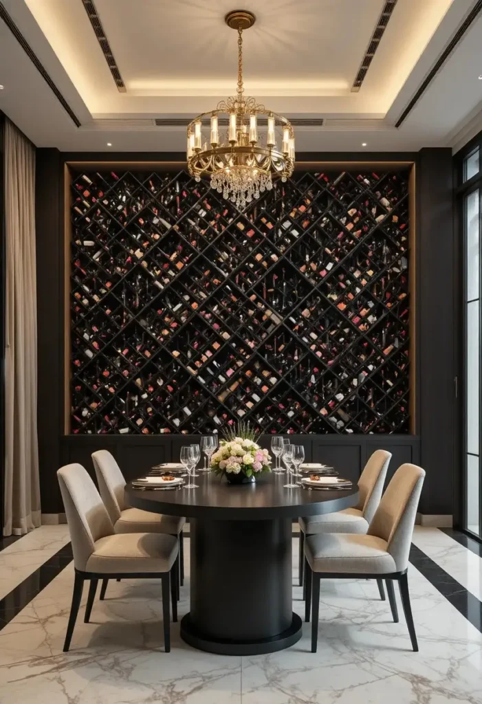 Diamond grid wall wine rack displaying assorted wine bottles in a geometric pattern.
