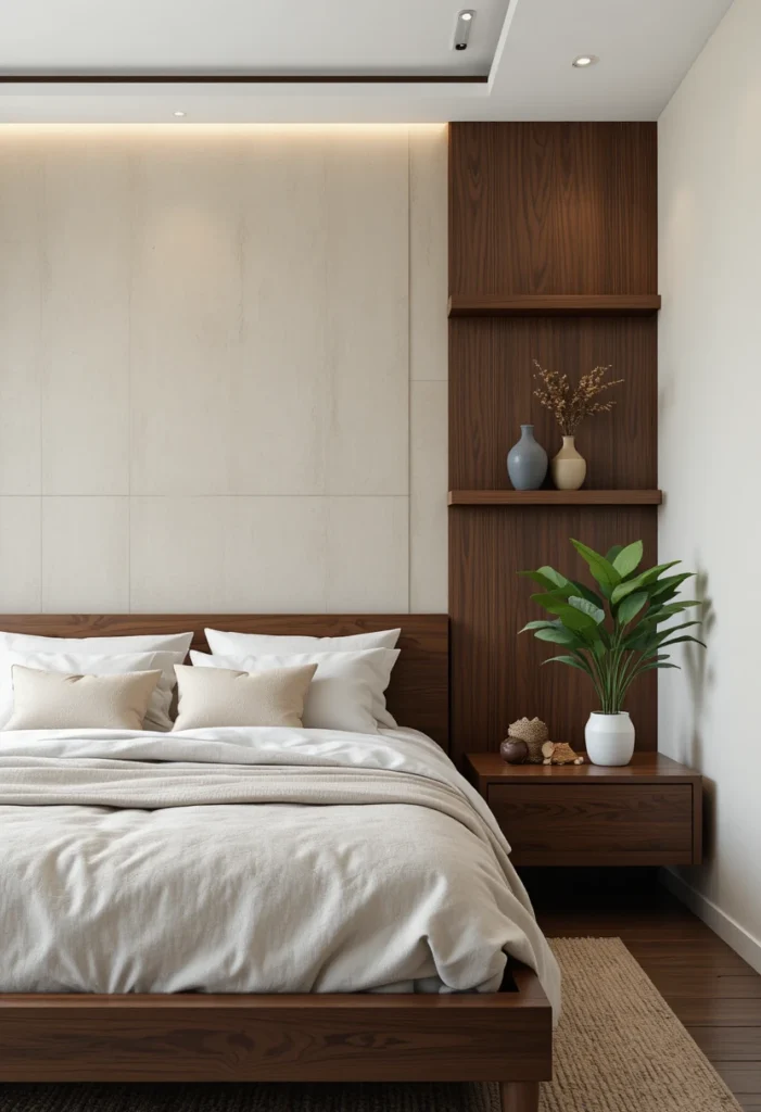 Men bedroom with dark walnut wood furniture floating shelves and warm natural lighting