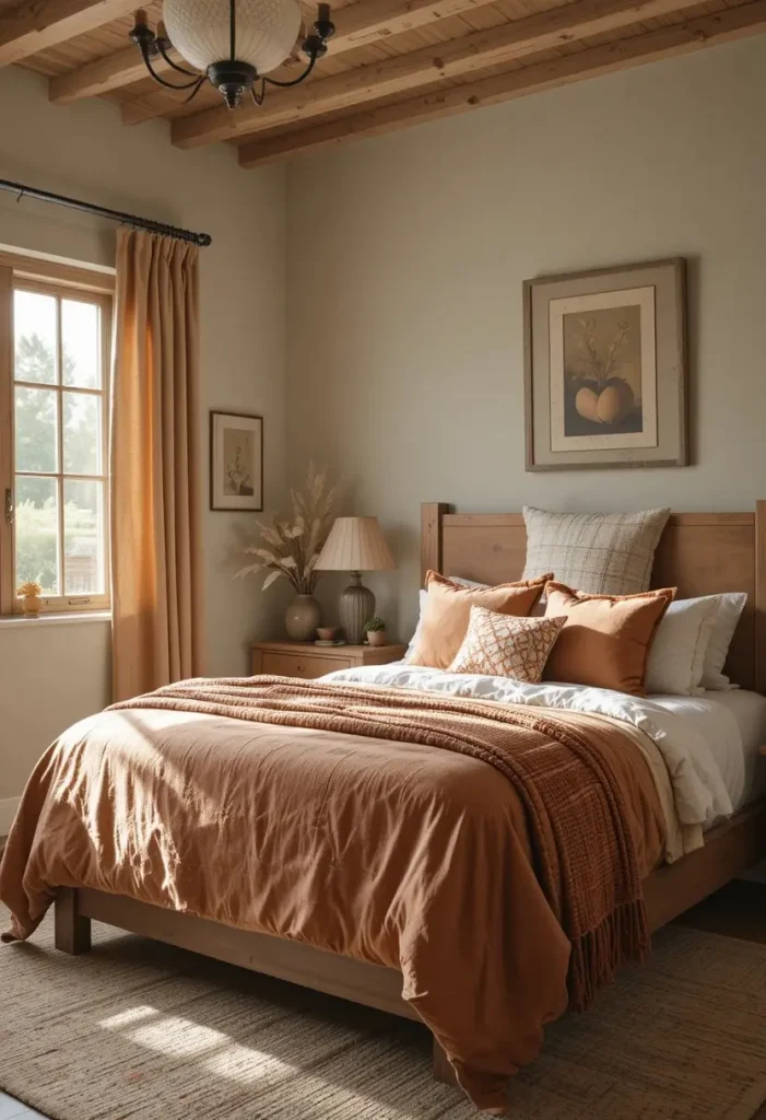 Western bedroom with earthy tones like terracotta and sage green decor
