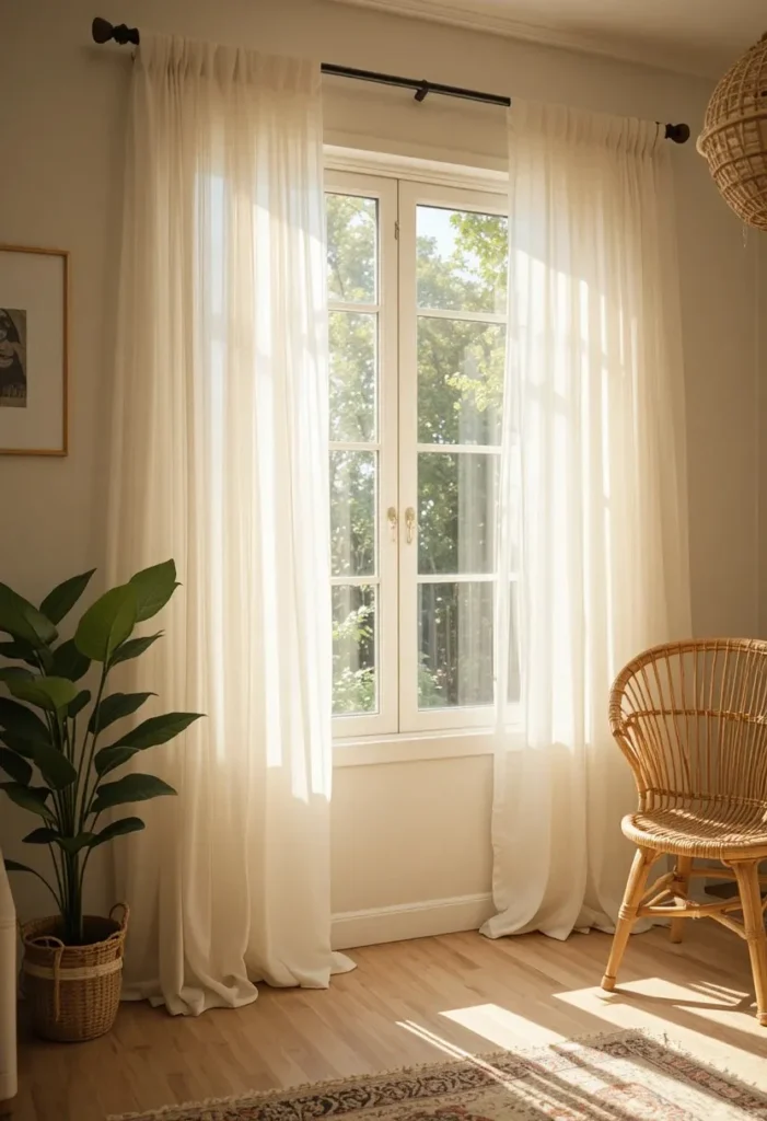 Dreamy white sheer curtains flowing to the floor in a bright boho living room with morning sunlight and rattan chair