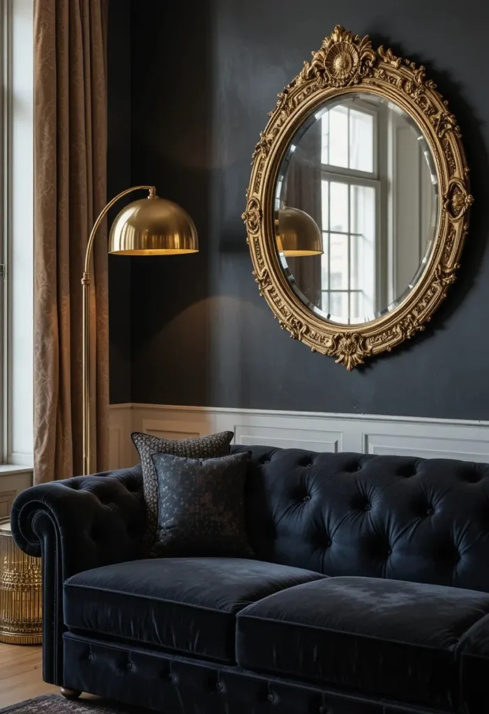 Black couch living room with brass and gold decor accents