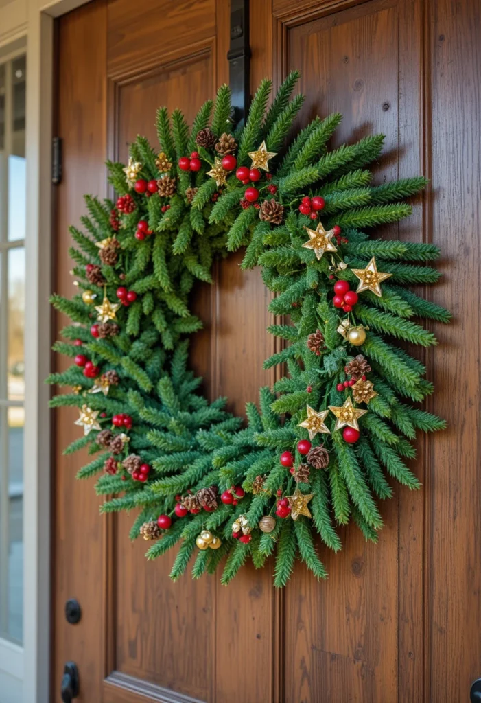 Handmade green pipe cleaner front door wreath with red berry and gold star accents on a rustic wooden door in warm natural outdoor light.
