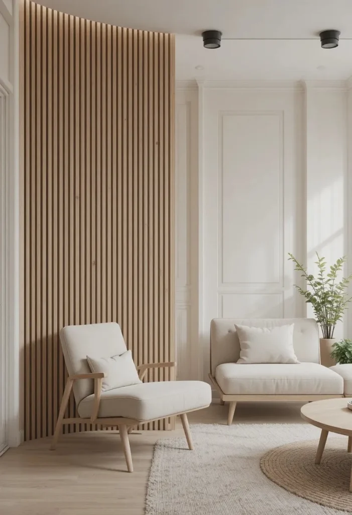 Modern slat wood wall paneling in a Scandinavian-inspired room.
