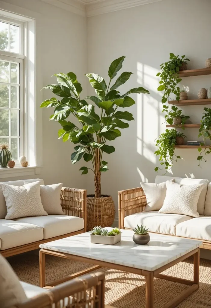 Bright living room with indoor plants fiddle leaf fig and succulents on coffee table

