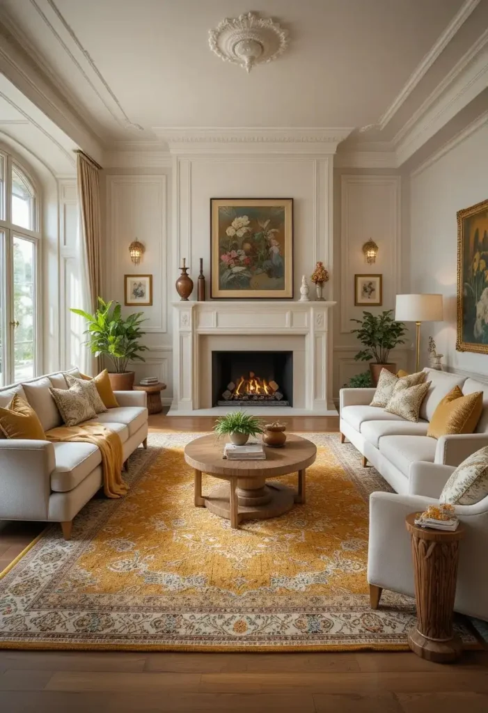 Mustard yellow rug anchoring a neutral living room seating area.
