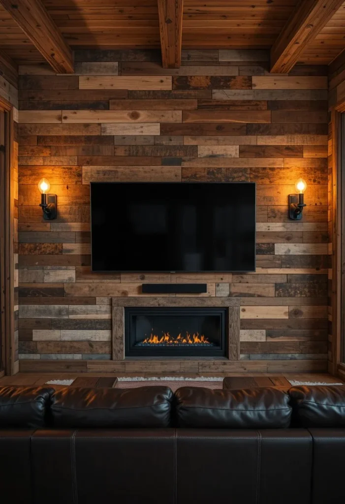 Rustic reclaimed wood plank TV wall with amber sconces and leather sofa in a warm cozy living room

