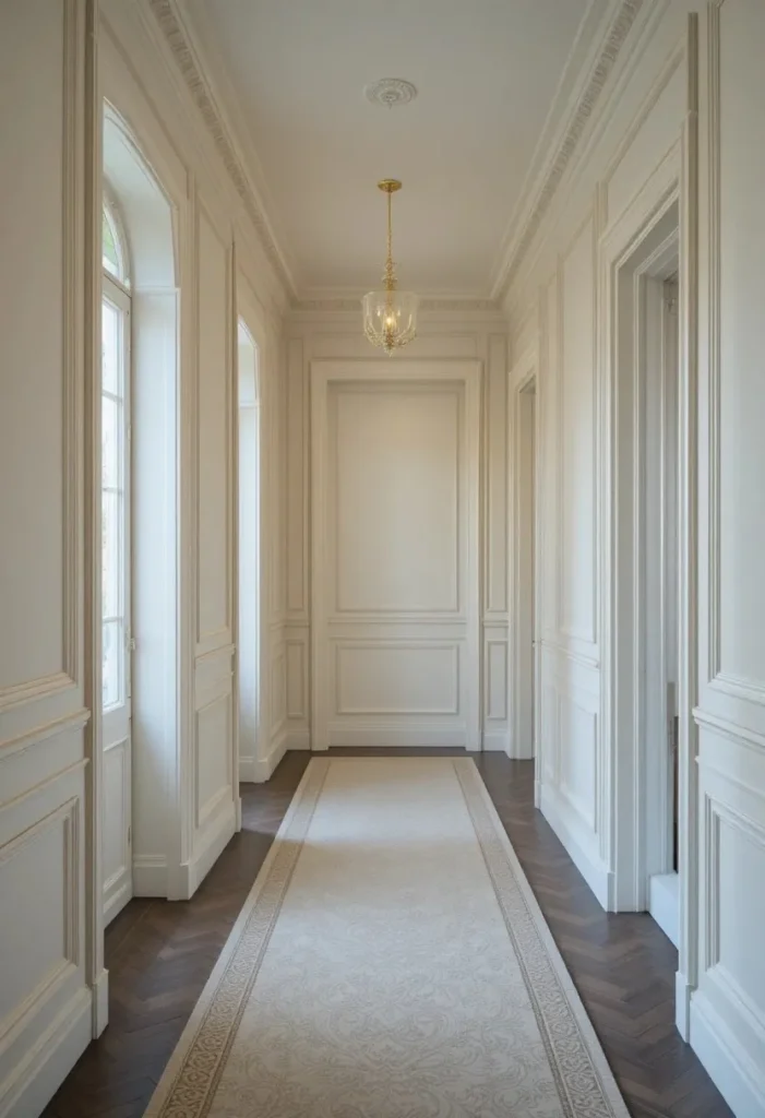 Traditional wainscoting wall panels adding sophistication to a hallway.