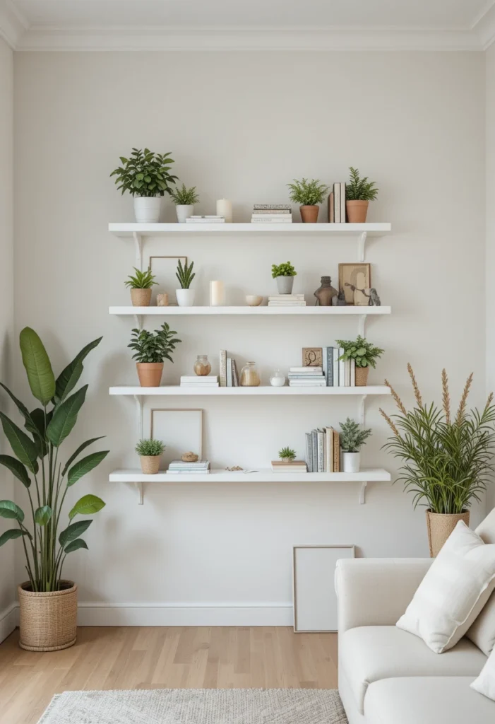 : White floating shelves mounted high on the wall in a small living room styled with plants, candles, and books to maximize vertical storage space.
