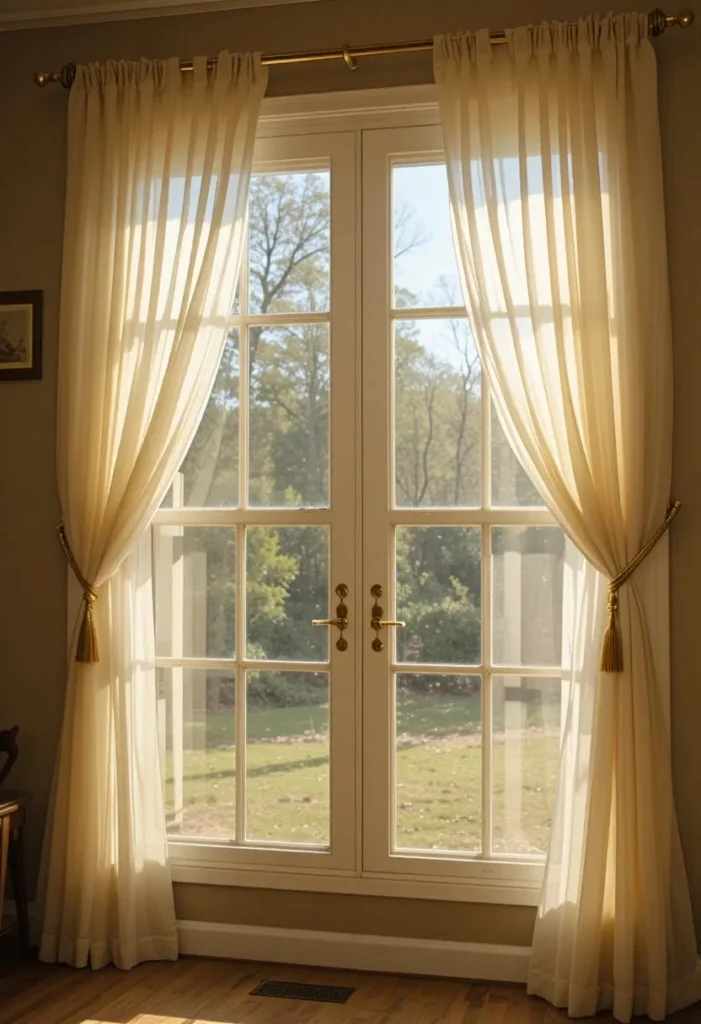 Sheer white curtain panels held back with handmade gold pipe cleaner tiebacks with decorative curled ends in a bright sunlit living room window.