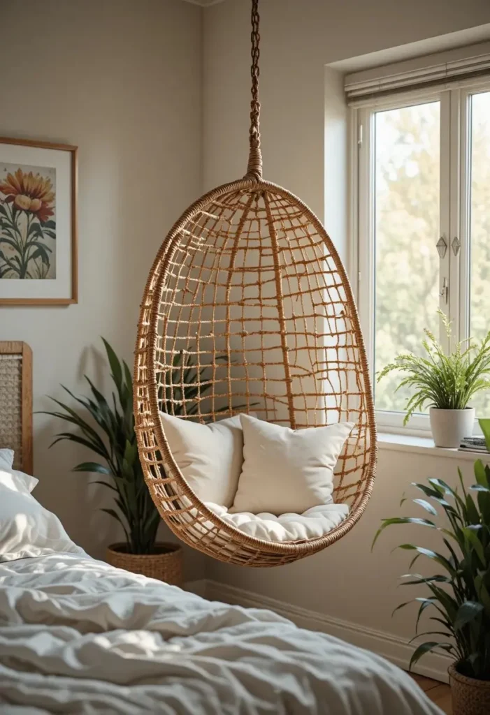 Hanging rattan chair corner in a teen bedroom