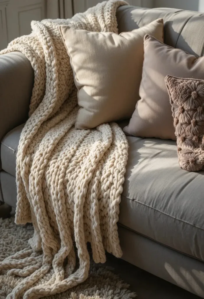 Cozy grey couch living room with layered textures including chunky knit throw velvet cushions and shaggy rug
