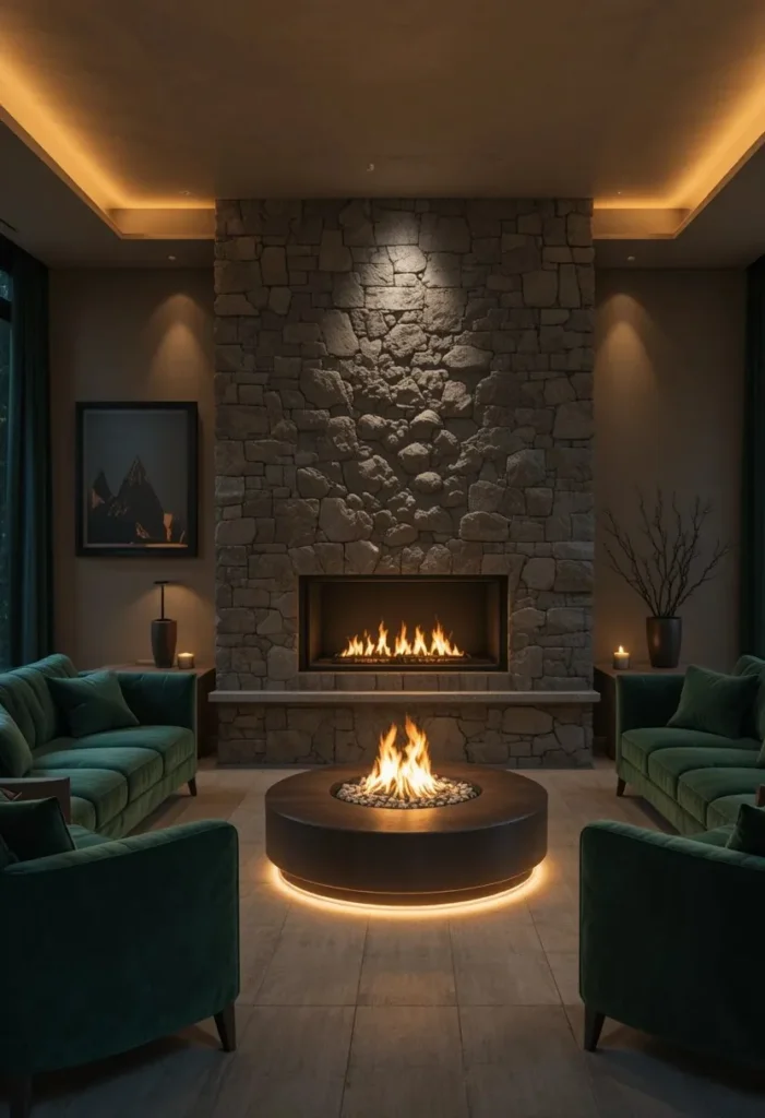 Sunken living room with a grey stone fireplace focal point green velvet sofas and warm glowing floor lighting