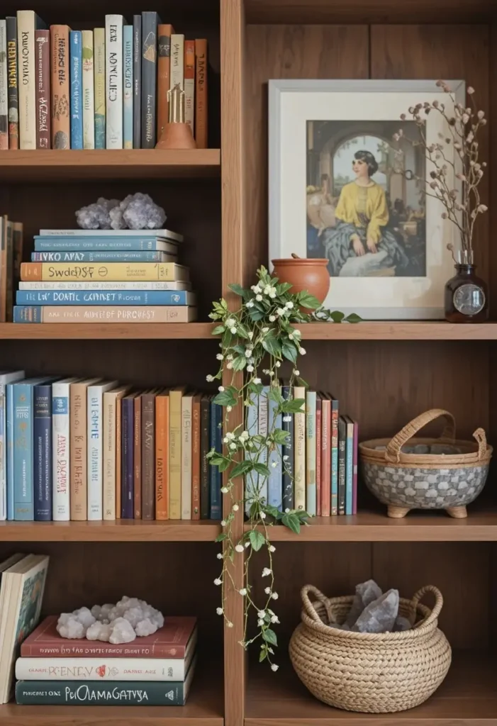 Eclectic boho bookshelf styled with books plants crystals vintage pottery and woven baskets on warm wood shelves
