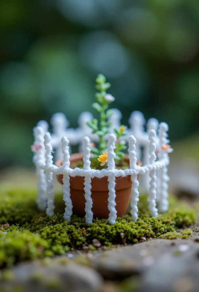  Tiny handmade white pipe cleaner fairy garden fence with small flower accents surrounding a miniature plant arrangement in soft natural light.