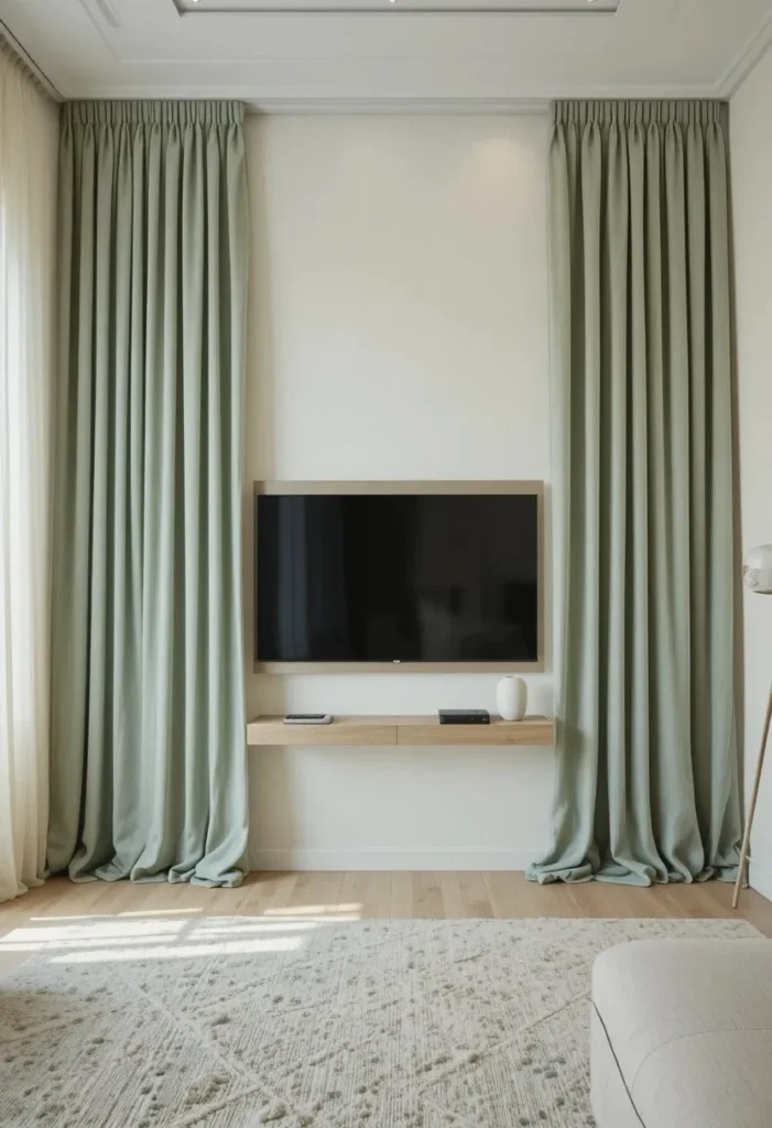Floor to ceiling sage green linen curtain backdrop behind mounted TV in a soft romantic elegant living room
